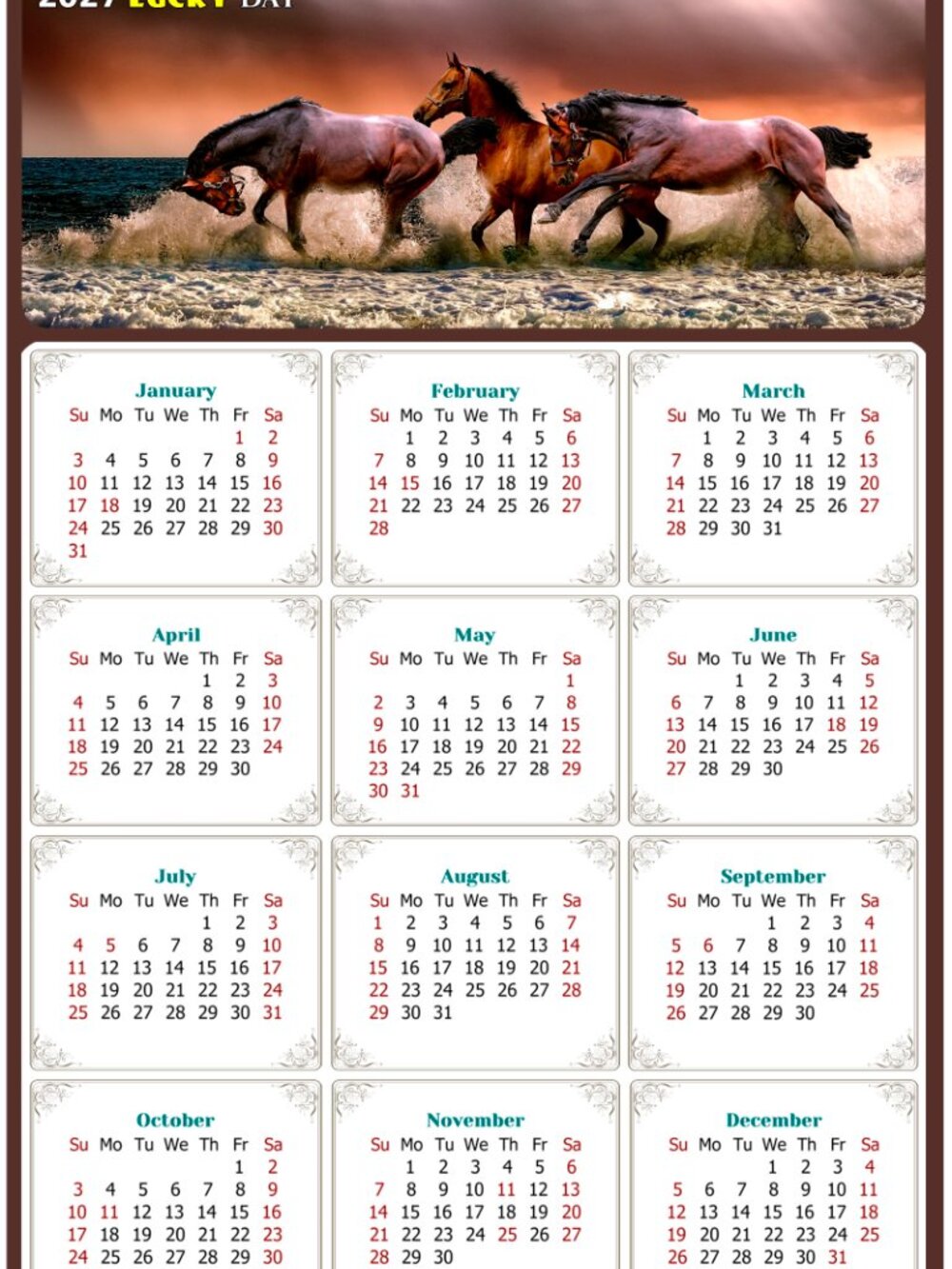 2027 Magnetic Calendar - Today is my Lucky Day - Horses Themed 01 (5.25 x 8)
